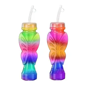 Taza de plástico de paja de mariposa colorida, vaso de bebida desechable de pie alto transparente para playa, zumo, bebida, taza de agua de cuello largo