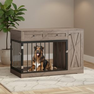 Cage pour chien, meuble de type niche, double porte, en bois, 2 tiroirs, facile à nettoyer, verrouillable, maison moderne pour toutes les saisons - Product Image 1