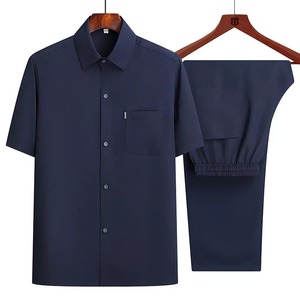 Camicia a maniche corte da uomo + pantaloni lunghi vestiti estivi con bottone con risvolto tinta unita 2 pezzi Set Casual da uomo traspirante - Product Image 4