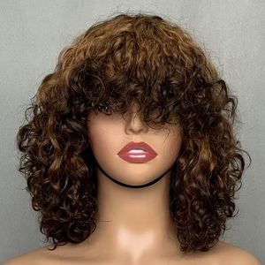 Perruque courte bouclée bob sans colle en <span class=keywords><strong>cheveux</strong></span> brésiliens Remy Water Wave None Lace avec <span class=keywords><strong>frange</strong></span>, densité 200%, fabriquée à la machine, pour femmes - Product Image 2