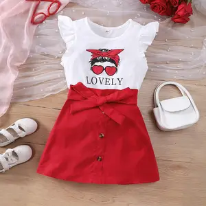wholesale teen girls clothes cartoon printed t shirt+A line skirt suit set 6-12 years girls 2 pieces clothing set for summer