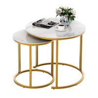 NBHY Tables d'appoint industrielles modernes en bois Jeu de 2 tables basses gigognes rondes dorées de luxe Table de chevet avec cadre en métal