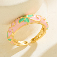 Bagues ouvertes ajustables en or plaqué vintage chic, design floral en émail cloisonné chinois pour femmes