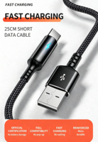 Câble de charge rapide USB-C 25 cm ultra-court, câble de données USB Type C 5A à charge rapide, Note 12 Pro USB avec éclairage LED