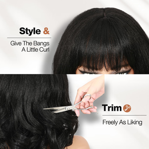 Perruque courte bouclée avec frange pour femmes, texture Yaki, cheveux humains ondulés, <span class=keywords><strong>sans</strong></span> colle et résistante à la <span class=keywords><strong>chaleur</strong></span>, pour un usage quotidien et les événements - Product Image 3