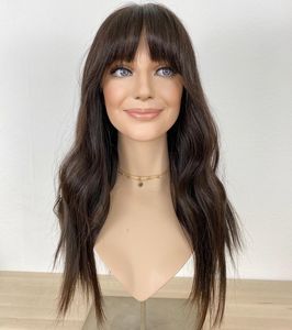 Perruque avec <span class=keywords><strong>frange</strong></span> pour femmes, <span class=keywords><strong>cheveux</strong></span> humains européens vierges, couleur marron foncé, dentelle frontale en soie HD naturelle, faux cuir chevelu, vente en gros - Product Image 2