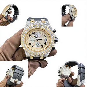 Montre en verre avec diamants Moissanite VVS, entièrement sertie, mouvement à quartz en acier inoxydable, cadran résistant à l'eau 10 bars, fermoir de bracelet - Product Image 1