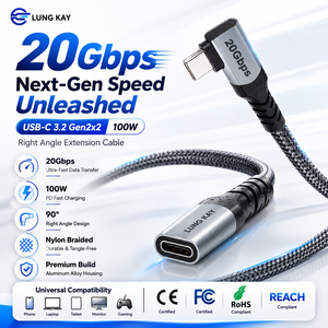Cable de Extensión USB C de 90 Grados Lung Kay, 20 Gbps, USB 3.2 Gen, Tipo C Macho a Hembra, Extensor de 100 W PD, Carga Rápida, Cable Trenzado - Product Image 1