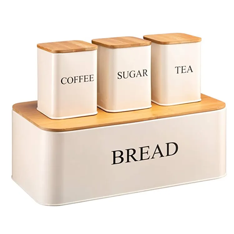 Metal Home Kitchen Bread Box Bread Bin Tea Sugar Coffee Jar Storage Canister Set With Bamboo Lid Storage Container