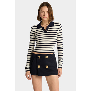 Pull court à rayures pour femme, style minimaliste preppy, coupe ajustée, manches longues, idéal pour les pique-niques du week-end - Product Image 3