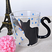Tasse à café en verre transparent à pois rouges avec poignée queue de chat noir, mignonne tasse à boire pour les amoureux des chats, idéale pour le petit-déjeuner et le lait à la maison
