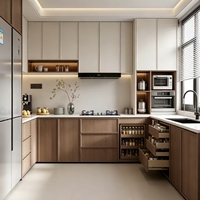 Cuisine moderne à deux tons, armoire de cuisine en forme de U sur mesure, unité de cuisine complète avec étagère ouverte LED, tiroir à épices coulissant pour la rénovation de la maison