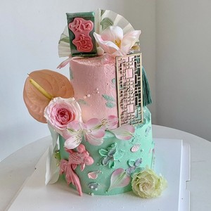 Honey And Sweetness Chinese Style Cake Decoration Acrylic Fan Wooden Insert For Wedding Cake Topper - Product Image 4