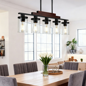 [Core Product Name] Linear Pendant <b>Light</b> 5 Heads Black Wooden Rectangular Adjustable Height For <b>Kitchen</b> Island Dining Room - Product Image 1