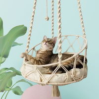Cama de Rede para Gatos em Macramê Moderna, Cesta Suspensa Artesanal com Almofada para Uso Interno