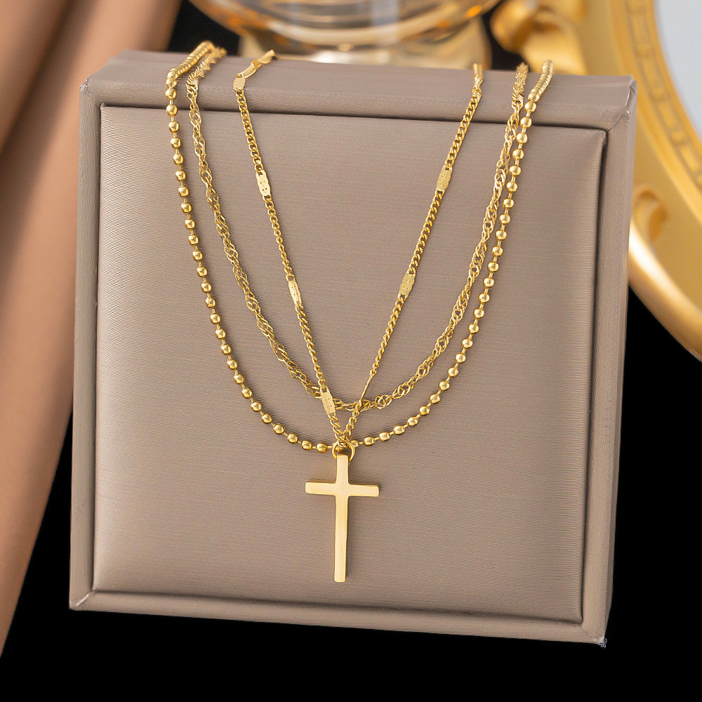 Gold multi-layer cross stainless steel necklace