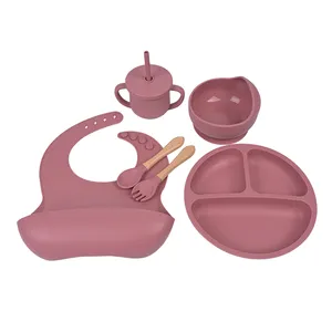 BPA free non toxic kid dinnerware silicone baby feeding set toddler tableware children dishes set plate bib bowl cup spoon fork