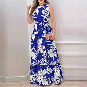 Vestido Largo de Verano para Mujer, Estilo Europeo, Tejido, Estampado Floral, Sin Mangas, Casual, con Cordones, Estampado de Hojas de Loto - Product Image 1