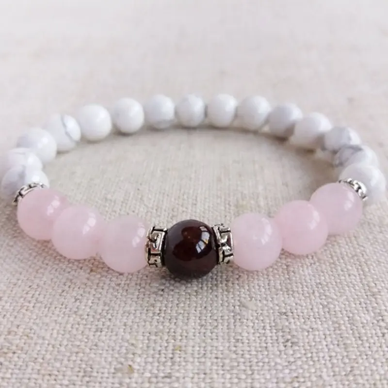 SN1776 Healing Sieraden Voor Haar Howliet Armband Voor Vriendin Sieraden 8 Mm Mala Kralen Pols Rozenkwarts Granaat Armband