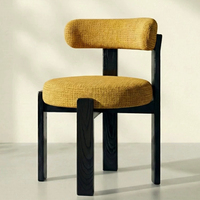 Chaise de salle à manger en bois massif de style Mid-Century Modern, siège rond rembourré en lin texturé, dossier bas, chaise de loisirs