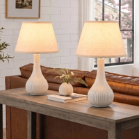 Lampes de bureau en céramique de style nordique, base côtelée blanche, abat-jour en tissu beige, douille E26, montage simple, éclairage de chevet