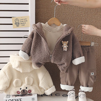 Ensemble 3 pièces pour bébé, veste à capuche en polaire avec ours de dessin animé, T-shirt rayé, pantalon cargo, ensembles chauds d'hiver pour enfants