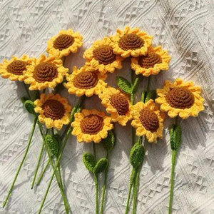 Handmade Crocheted Sunflower <b>Artificial</b> <b>Flower</b> Natural Style Green Stem With Leaf Summer Home Wedding Decoration - Product Image 2