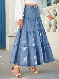 <span class=keywords><strong>Jupe</strong></span> <span class=keywords><strong>Longue</strong></span> <span class=keywords><strong>Maxi</strong></span> en Jean Délavé Bleu Clair, <span class=keywords><strong>Taille</strong></span> <span class=keywords><strong>Haute</strong></span> Boutonnée, Longueur Cheville, Motif Lotus pour Femme - Product Image 4