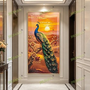 Factory Wholesale Custom Modern Bohemian Peacock Wall Art UV <b>Frame</b> Animals Crystal Porcelain <b>painting</b> Print LED Home Decor - Product Image 1