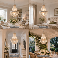 Lustre Rétro en Bois Massif avec Perles, Lampe Suspendue E14, Hauteur Réglable, Suspension Artistique en Fer pour Mariage, Jardin, Extérieur