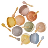 Livraison rapide sans BPA bébé alimentation vaisselle de qualité alimentaire Silicone aspiration dîner bol avec poignée en bois cuillère pour l'alimentation de bébé