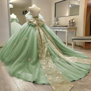 Light Green Off The Shoulder Ball Gown With Butterfly Applique Empire Waistline Evening Dress - Product Image 2