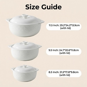 3 tailles : 8,5, 9,5 et 11,5 pouces, bols à soupe en porcelaine blanche embossée avec couvercle, résistants à la chaleur, pots de service en céramique pour la maison, la cuisine, cadeau - Product Image 2
