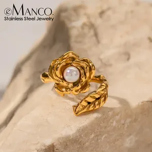 Anillo Abierto de Acero Inoxidable para Mujer EManco, Diseño Delicado con Camelia, Perla y Textura de Hoja, Nueva Tendencia 2025 - Product Image 1