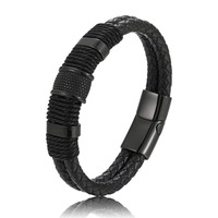 Bracelet pour homme en acier inoxydable tressé en cuir double couche noir punk à la mode, avec fermoir magnétique