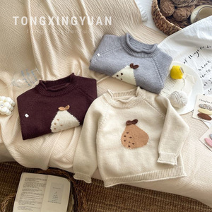 Tongxingyuan Girls Sweater Beige Gray 380 Round Neck Cartoon Knitted Top Autumn Winter Casual Cotton Wool Sweater - Product Image 2