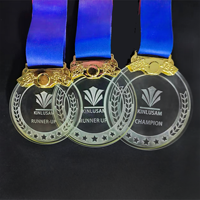 Logo personnalisé Médaille ronde Plaque en cristal Trophée de plaque en verre transparent avec support en métal