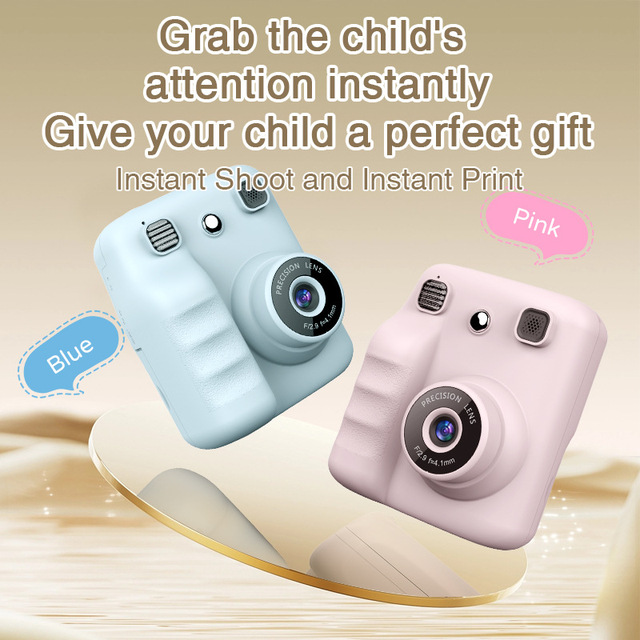 Mini Cute Style Instant Rechargeable Kids Camera CMOS Full HD 2.4" Screen Auto Focus 150 Wide Angle MicroSD Filter Print