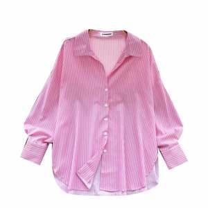 Blusas casuales de manga larga con cuello vuelto ancho para mujer, camisas a rayas tejidas con cuentas, tops transpirables antiarrugas al por mayor - Product Image 5