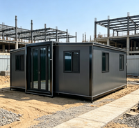 Bâtiment modulaire préfabriqué en 3 sections, bureau de chantier portable, maison conteneur en kit, installation rapide, panneau gris foncé, porte en verre