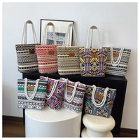 Sac à bandoulière en toile grande capacité pour femme, sac à main imprimé, fourre-tout style coréen, style ethnique artistique, vente en gros, fermeture éclair, polyester