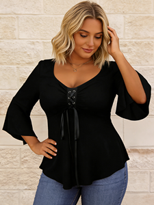 Chemisier décontracté noir uni grande taille en dentelle, manches trois-quarts évasées, col en V, boutonné, froncé à l'avant avec nœud, pour le printemps - Product Image 5