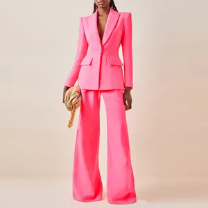 HIGH STREET plus récent 2022 S/S Designer piste costume ensemble femmes bouton unique Slim Fit Blazer Flare pantalon costume deux pièces rose vif