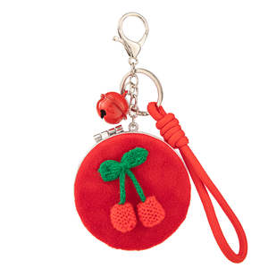 Cute Cherry Plush Compact Mirror Keychain Red Bell Braided Rope Strap Folding Dual Sided <b>Pocket</b> Makeup Mirror Custom Logo Bulk - Product Image 1