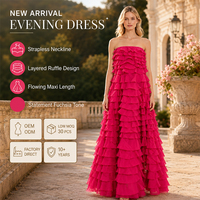 Robe de soirée romantique fuchsia à volants superposés, sans bretelles, fluide, longue jusqu'au sol, pour femme, sur mesure