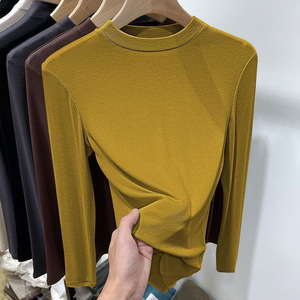 Women Stand Collar Long Sleeve Base Shirt Solid Color Slim Fit Autumn Winter Warm Top Mustard Black Coffee Olive Green Yellow - Product Image 1