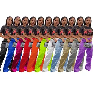 Y2k - Calça de jogging feminina de cintura alta com vários bolsos, calça longa casual folgada e folgada, roupa de rua de cetim elástico
