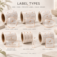 Étiquettes adhésives en PET pour produits de première nécessité en marque blanche, estampage or rose, découpe, étiquettes rondes brillantes transparentes en rouleau