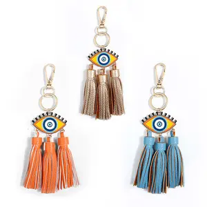 Boho moda stil nazar sevimli anahtar zincirleri iyi şanslar muska renkli PU püsküller anahtarlık bayanlar için