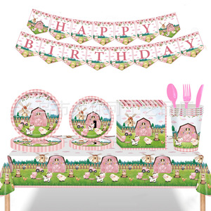 Ensemble de vaisselle jetable sur le thème de la ferme rose, nappes, assiettes, couverts, décorations de dessins animés d'animaux pour la fête d'anniversaire - Product Image 1